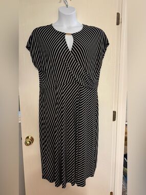 Black and White Striped Midi Dress with Keyhole Detail